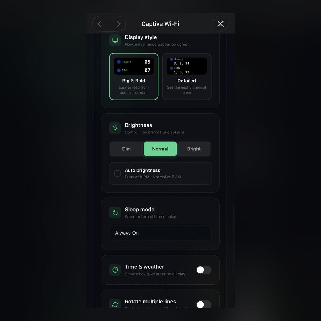 Display settings — big and bold or detailed style, brightness, auto-dim, sleep mode, time and weather