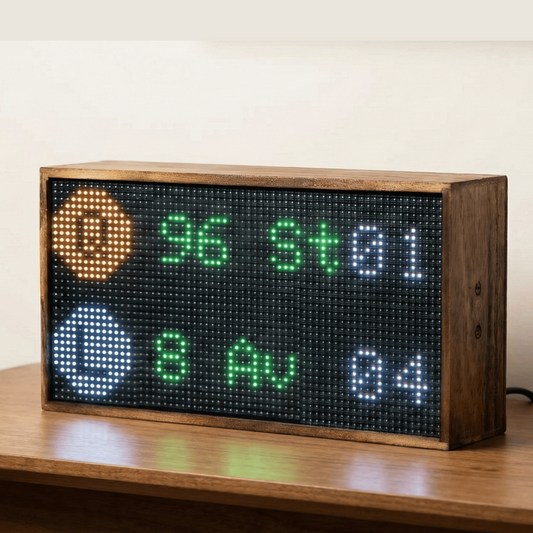 NYC subway countdown clock LED display showing real-time MTA train arrivals in handmade walnut wood frame