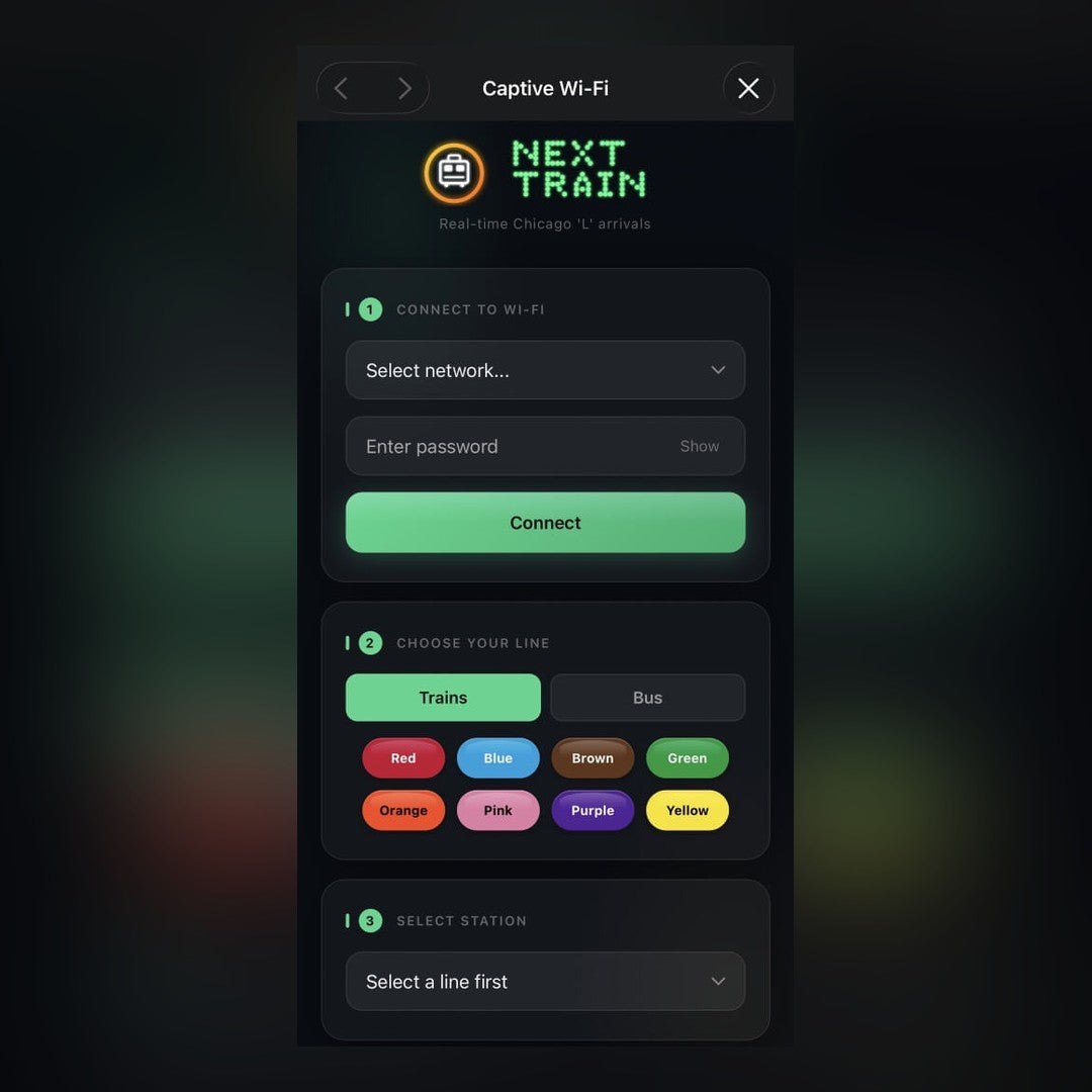 Next Train setup page on your phone — connect to WiFi, choose your CTA line, select your station