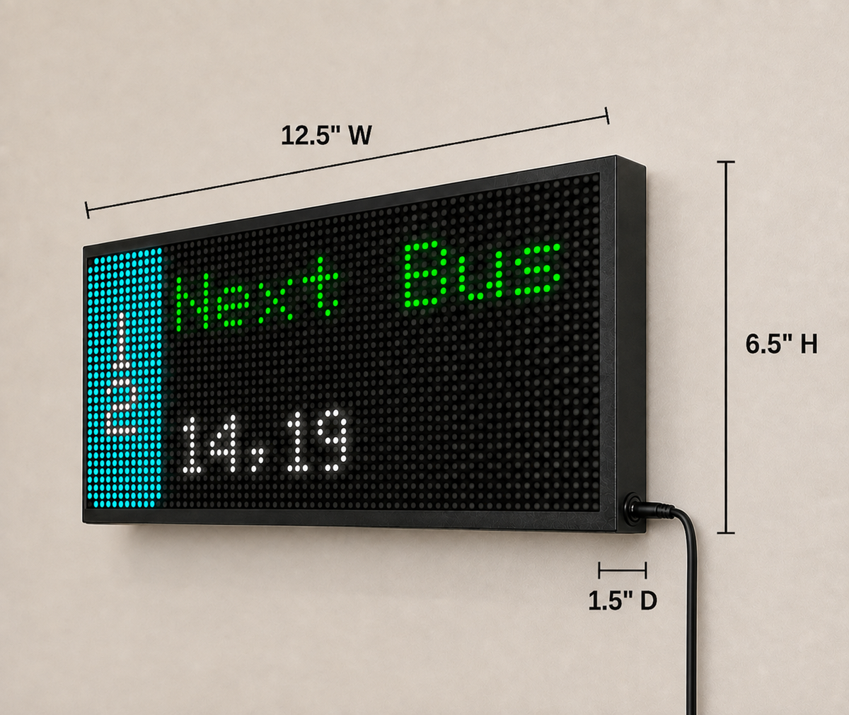 Next Train display dimensions — 12.5 inches wide, 6.5 inches tall, 1.5 inches deep — showing CTA bus arrivals
